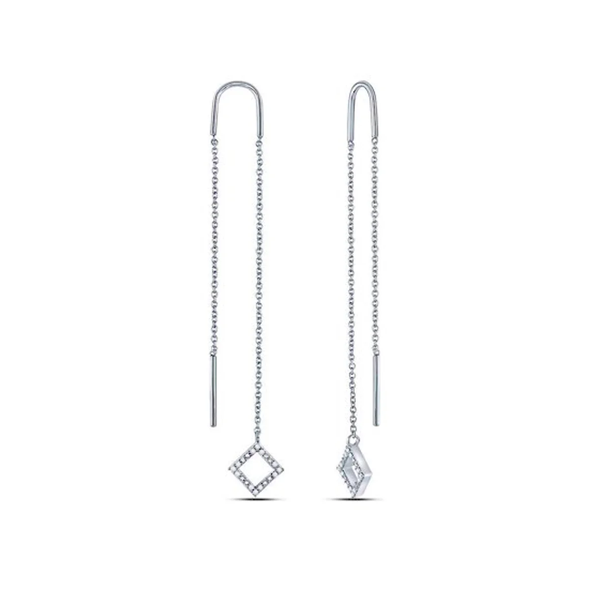 10kt White Gold Women's Round Diamond Threader Square Dangle Earrings