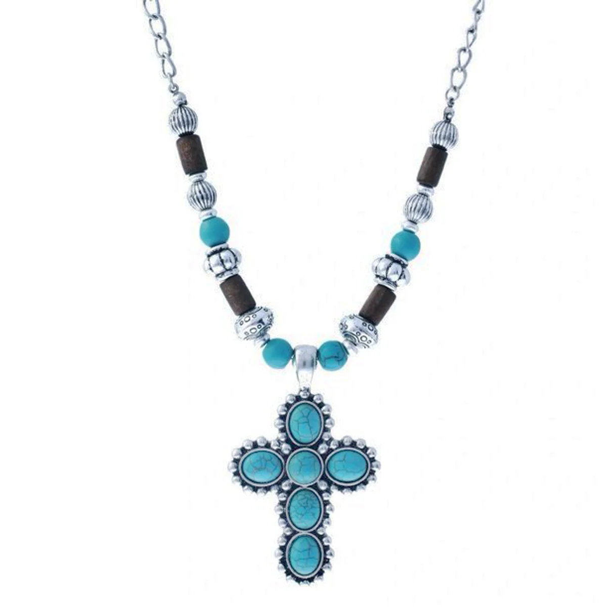 Western Style Wooden Bead Turquoise Howlite Cross Pendant Necklace