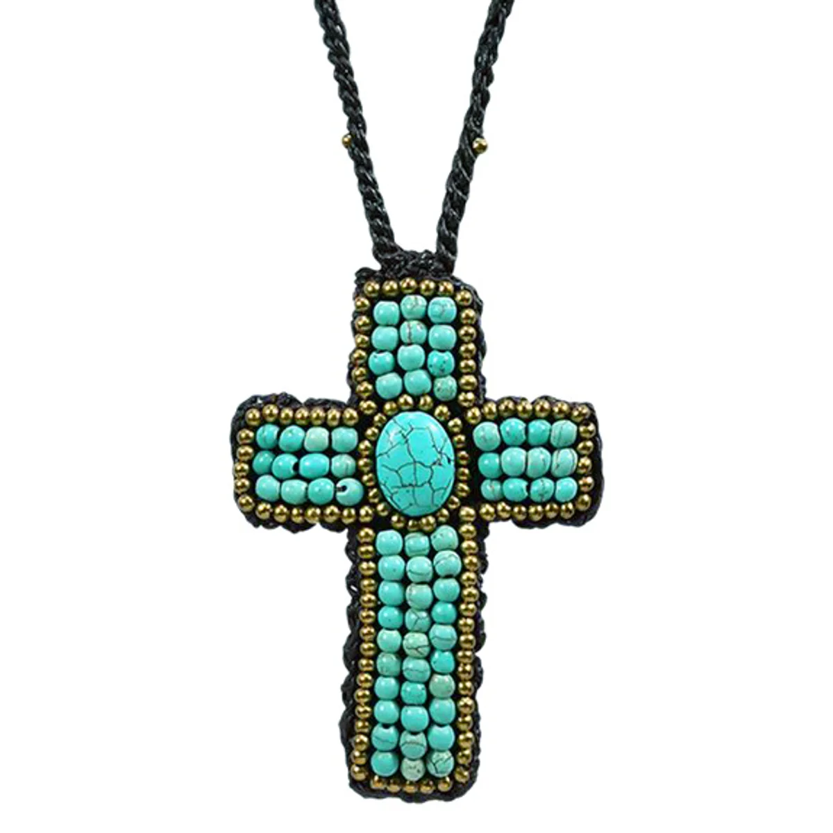 Antique Cross Turquoise Stone Brass Embellished Long Necklace
