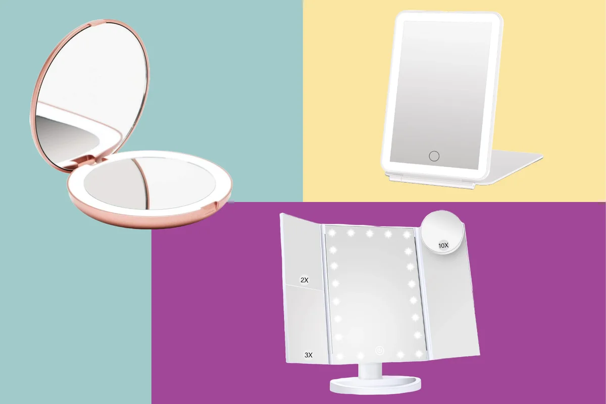 Three images of makeup mirrors with lights.